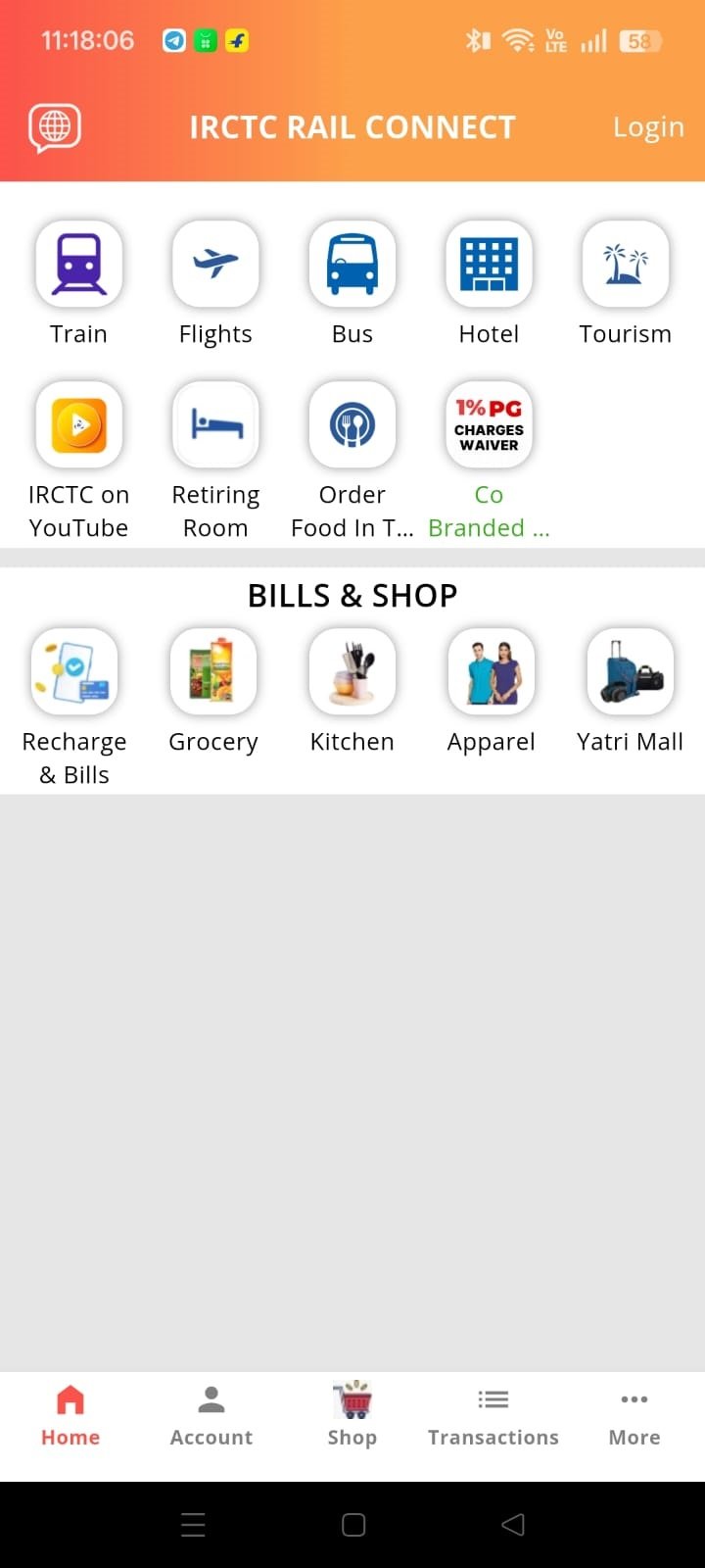 IRCTC Rail Connect App Home Screen