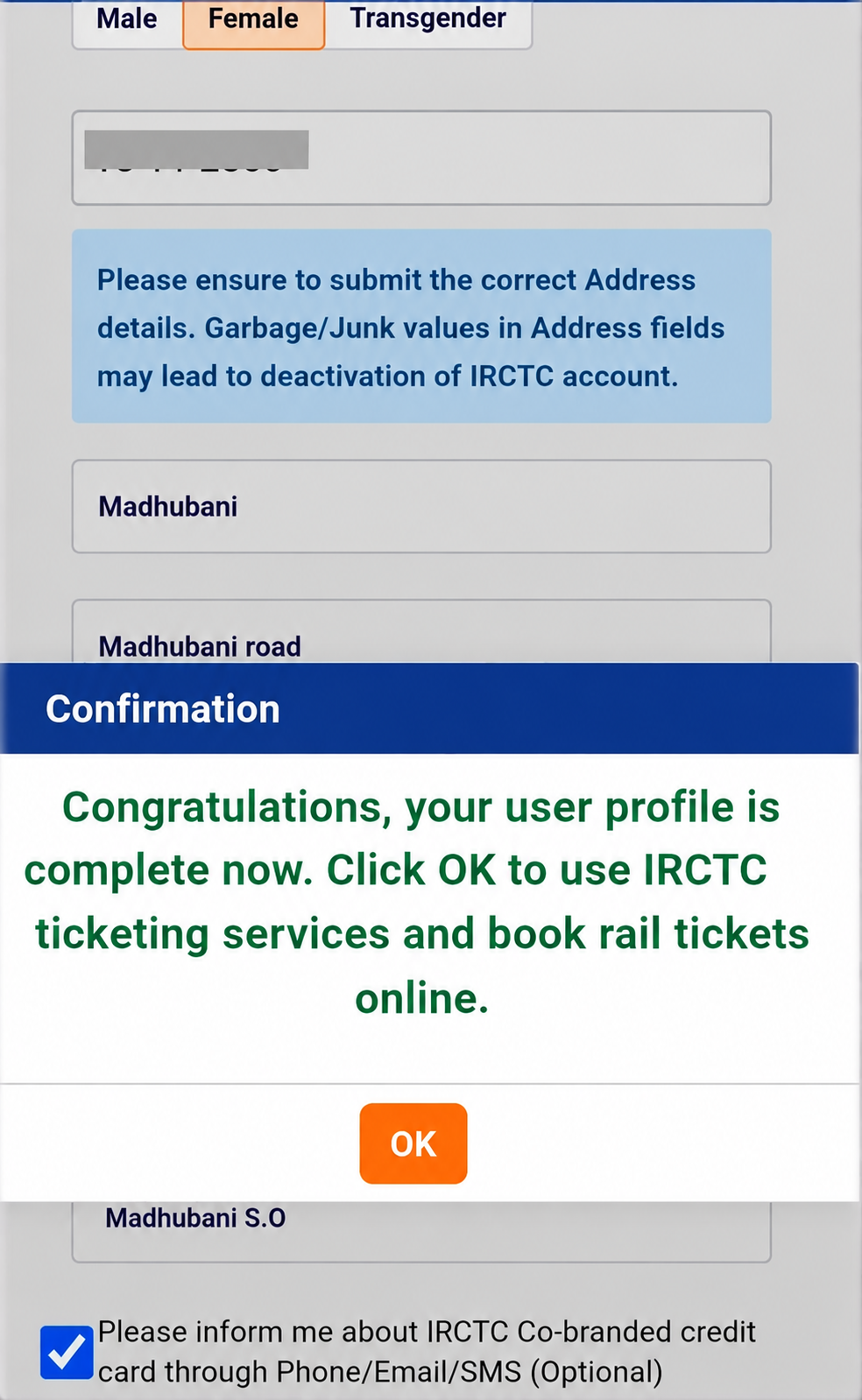 IRCTC Profile Complete Confirmation