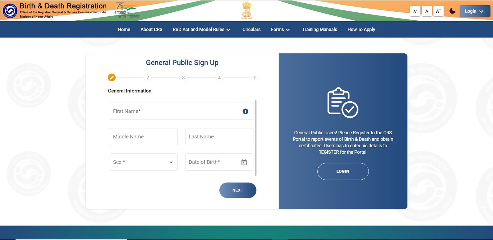 CRS Portal Registration Page Screenshot