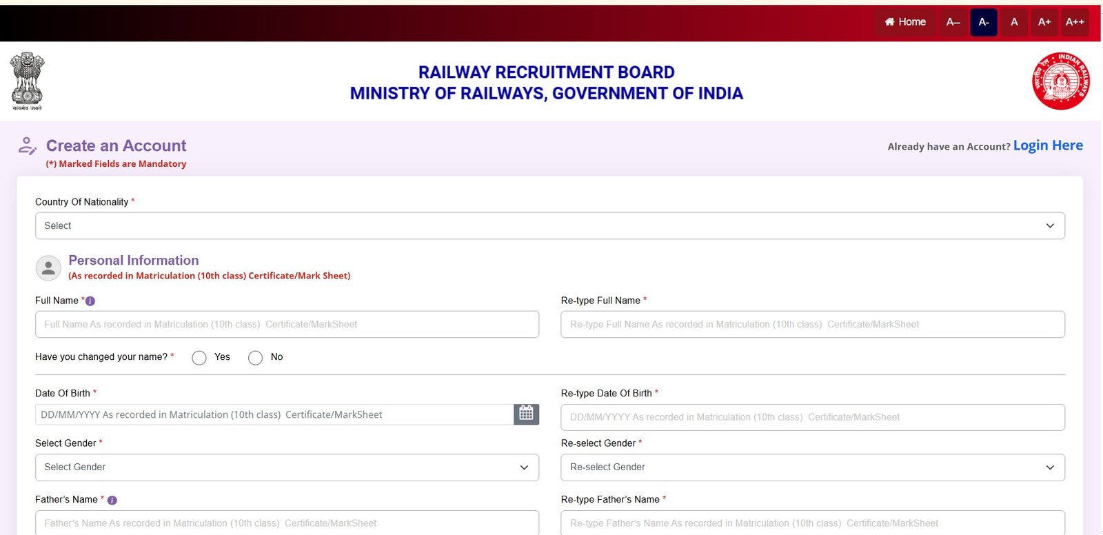 RRB Create New Account Page