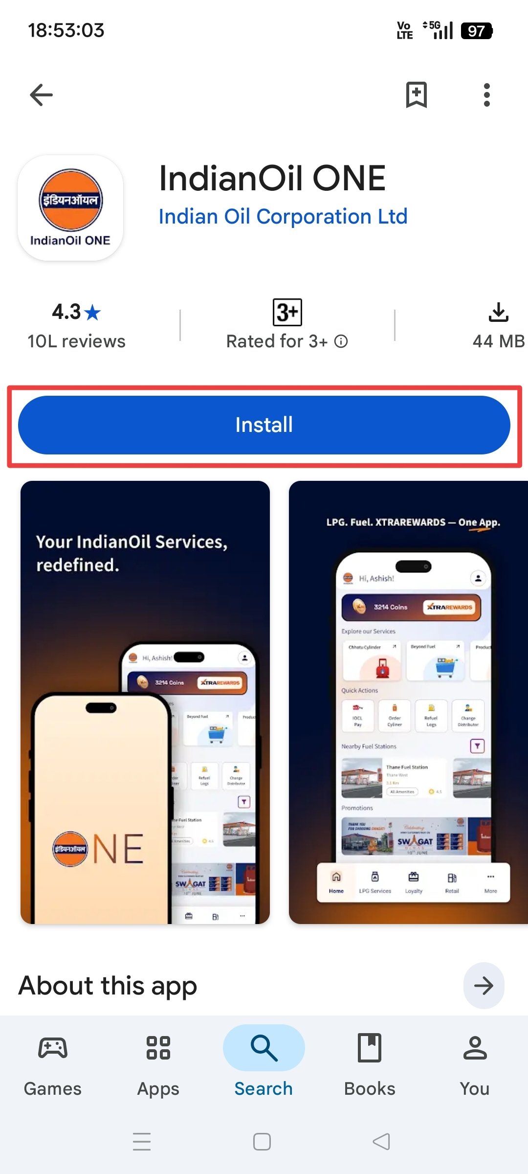 Indian Oil App Install Page