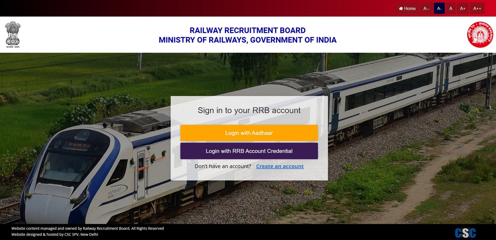 RRB Applicant Login Page
