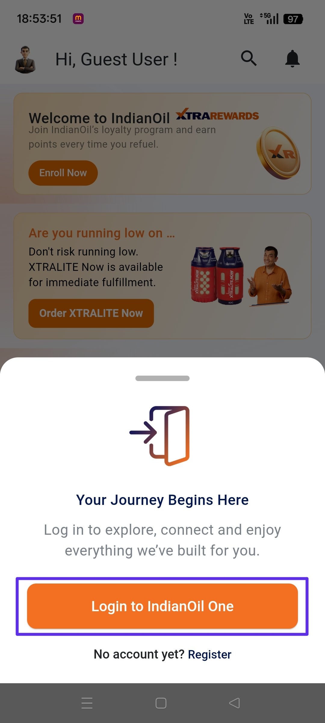 Indian Oil App Login Button Page