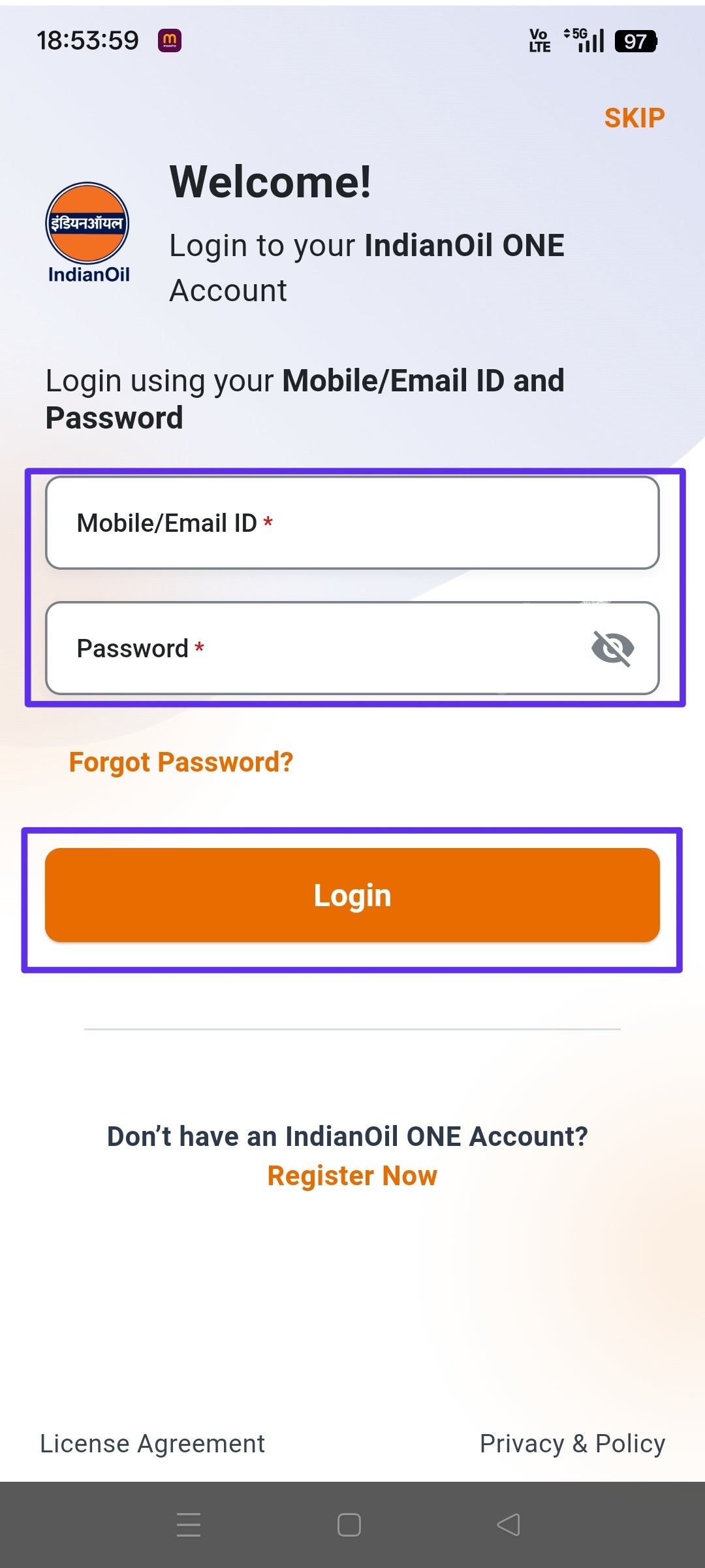 Indian Oil App Login Page