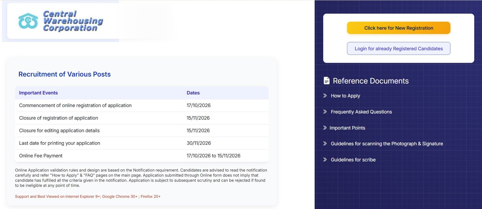 CWC Recruitment Online Apply Section Page Screenshot