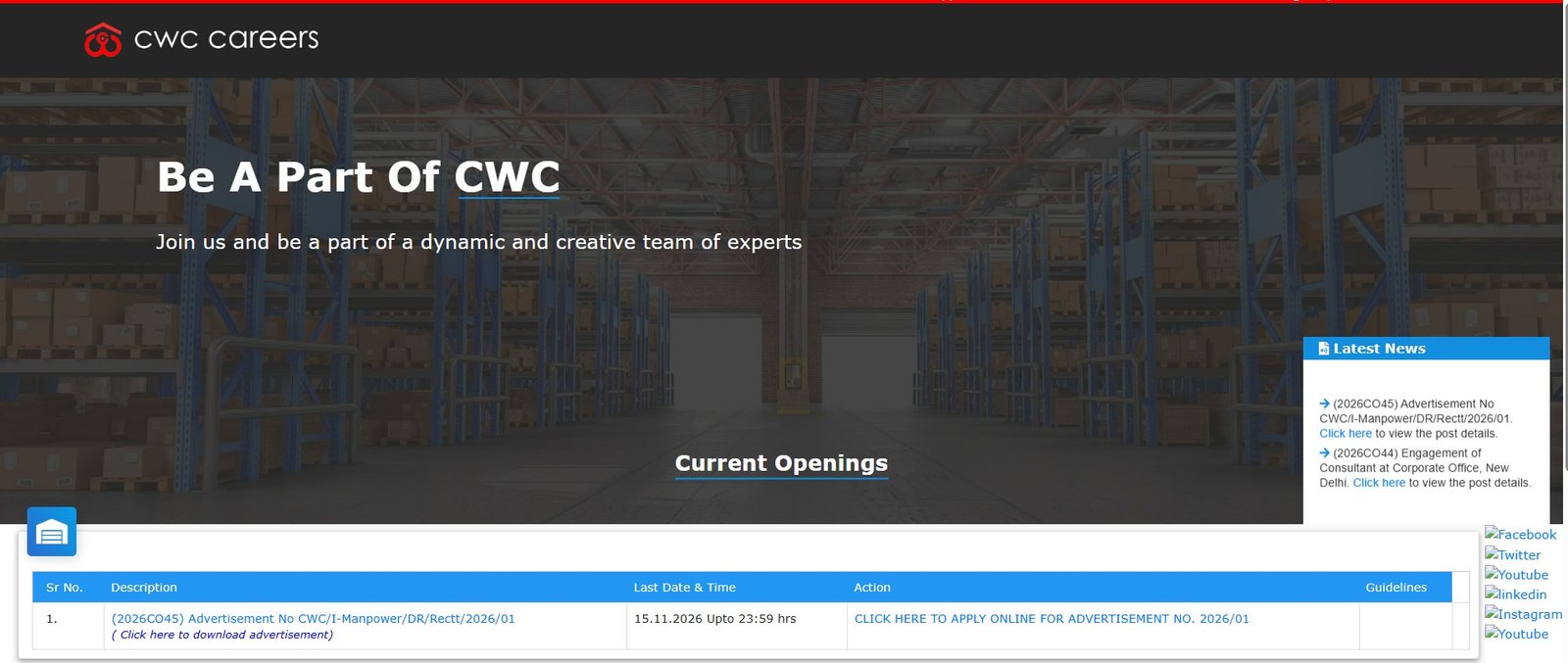 CWC Recruitment Official Website Home Page Screenshot